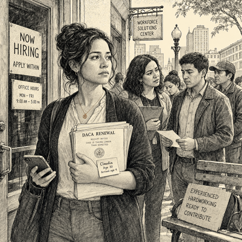 Illustration accompanying article: DACA renewal delays push Dreamers out of jobs, advocates say