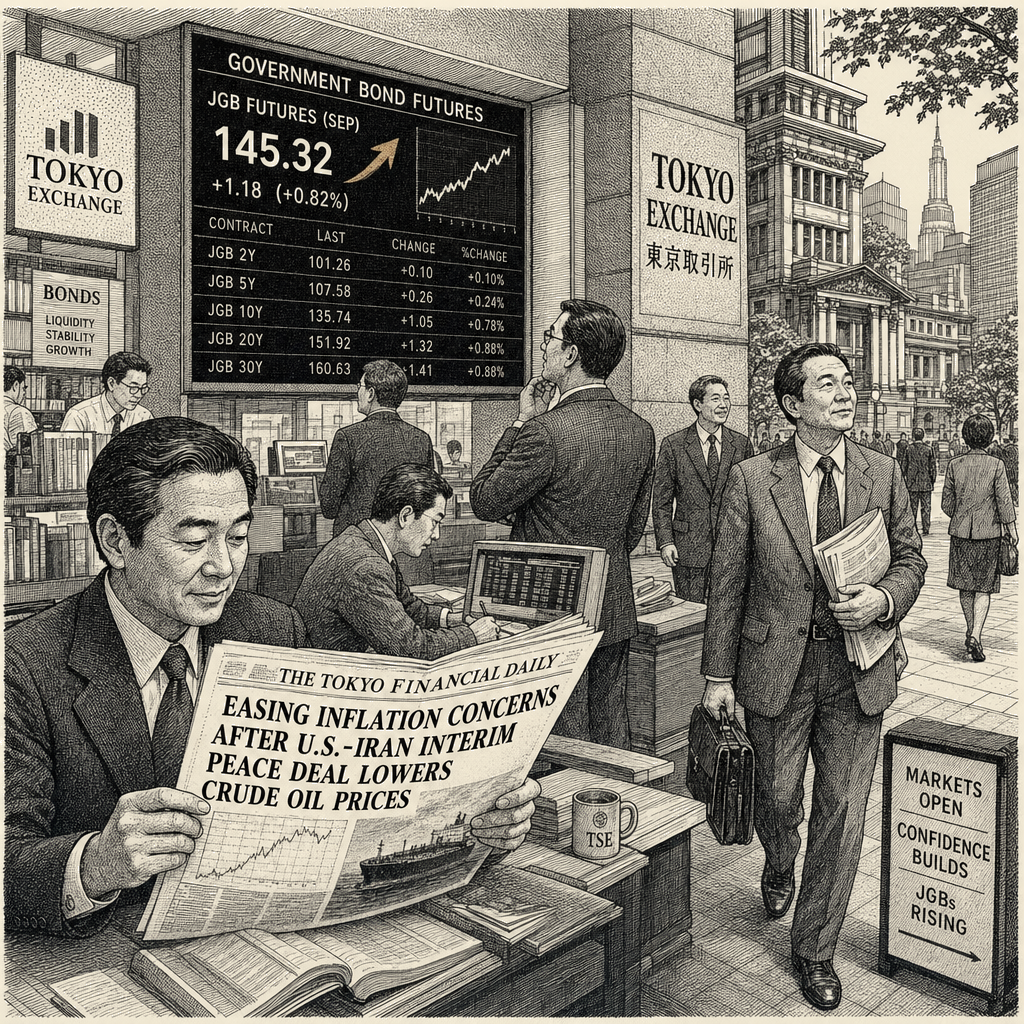 Illustration accompanying article: JGB Futures Rise as US-Iran Interim Peace Deal Eases Inflation Concerns