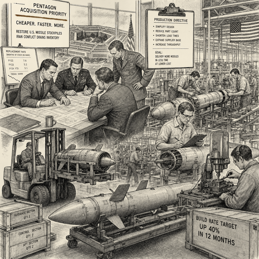 Illustration accompanying article: Pentagon pursues cheaper, faster missiles to address slow replacement rates
