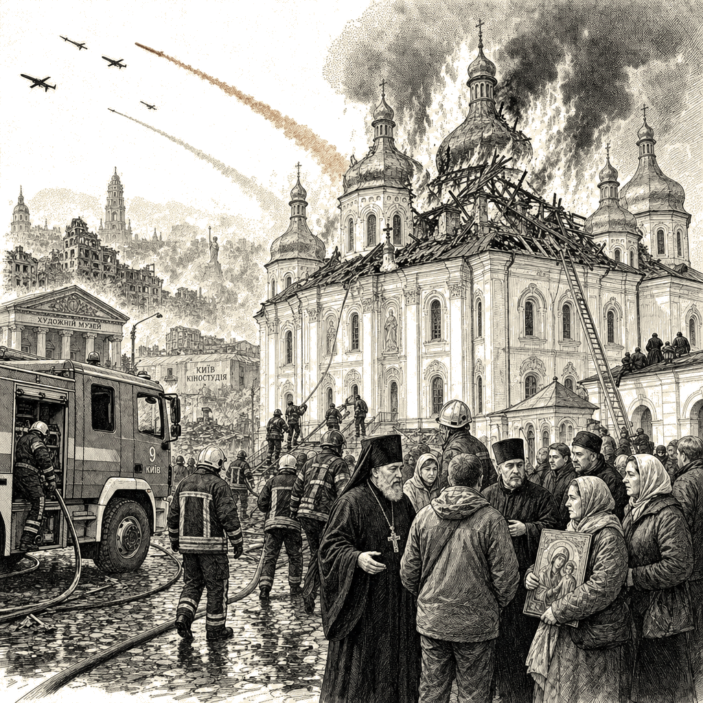 Illustration accompanying article: Russian airstrikes spark blaze at Kyiv monastery cathedral