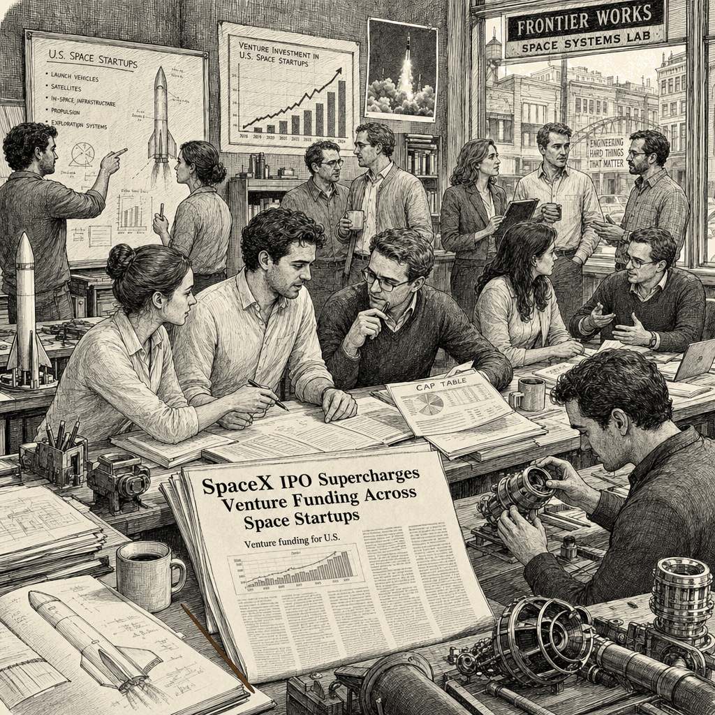 Illustration accompanying article: SpaceX IPO Supercharges Venture Funding Across Space Startups