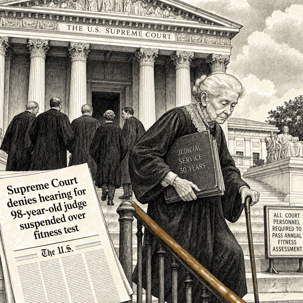 Illustration accompanying article: Supreme Court denies hearing for 98-year-old judge suspended over fitness test