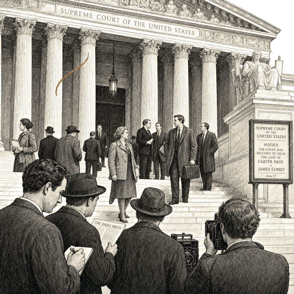 Illustration accompanying article: Supreme Court rejects Carter Page's lawsuit against James Comey