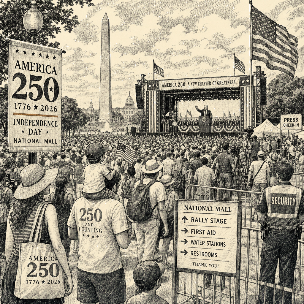 Illustration accompanying article: Trump to hold rally during July Fourth celebration on National Mall