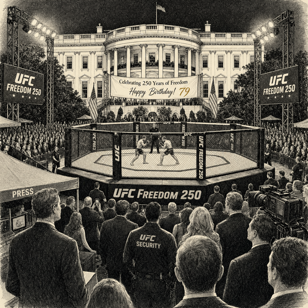 Illustration accompanying article: UFC Freedom 250 at White House: Cage fights mark Trump''s 80th birthday