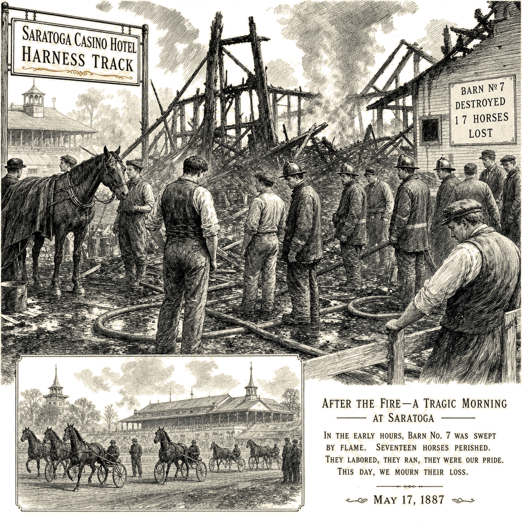 Illustration accompanying article: 17 horses killed in early morning barn fire at Saratoga harness track