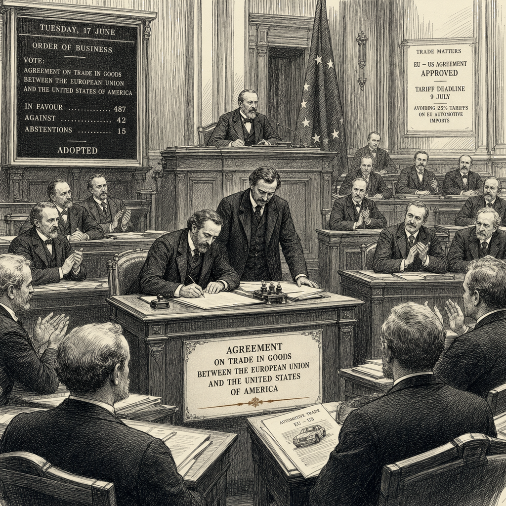 Illustration accompanying article: EU lawmakers approve US trade deal, averting 25% car tariff
