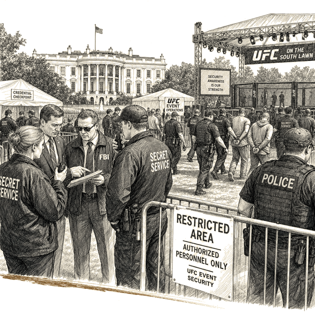Illustration accompanying article: FBI thwarted plot targeting White House UFC event, Patel says