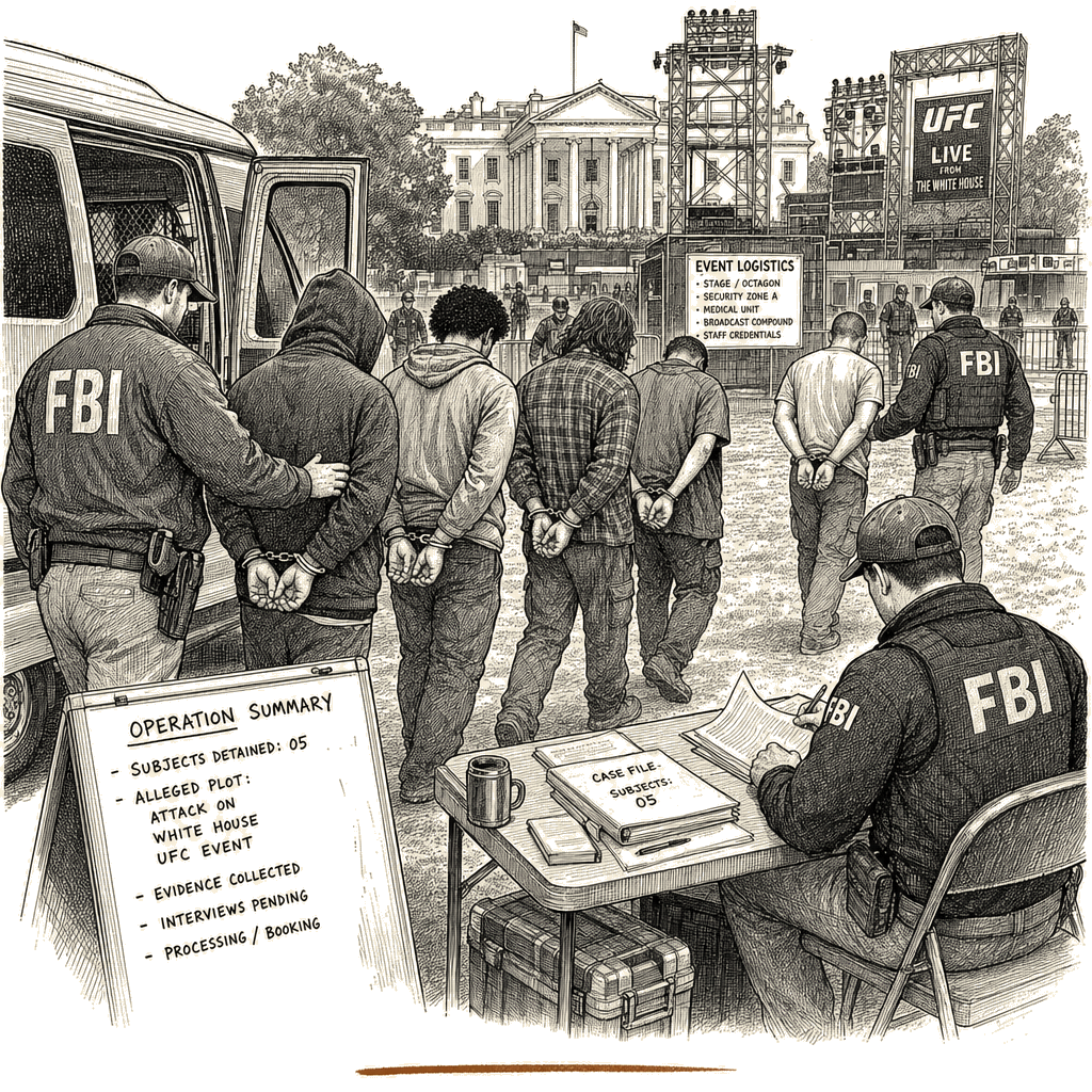 Illustration accompanying article: Five detained in alleged plot to attack White House UFC event, FBI says