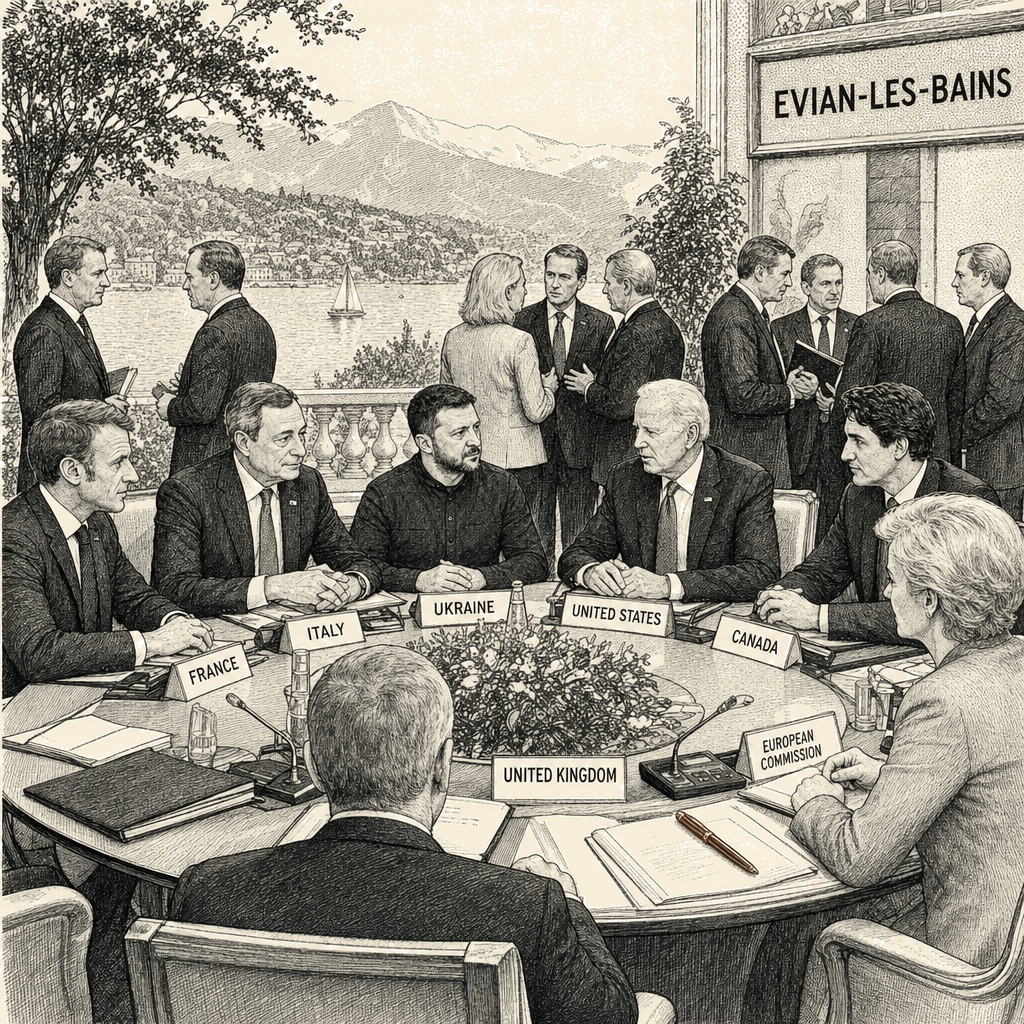 Illustration accompanying article: G7 leaders open summit talks in France on Ukraine and Middle East