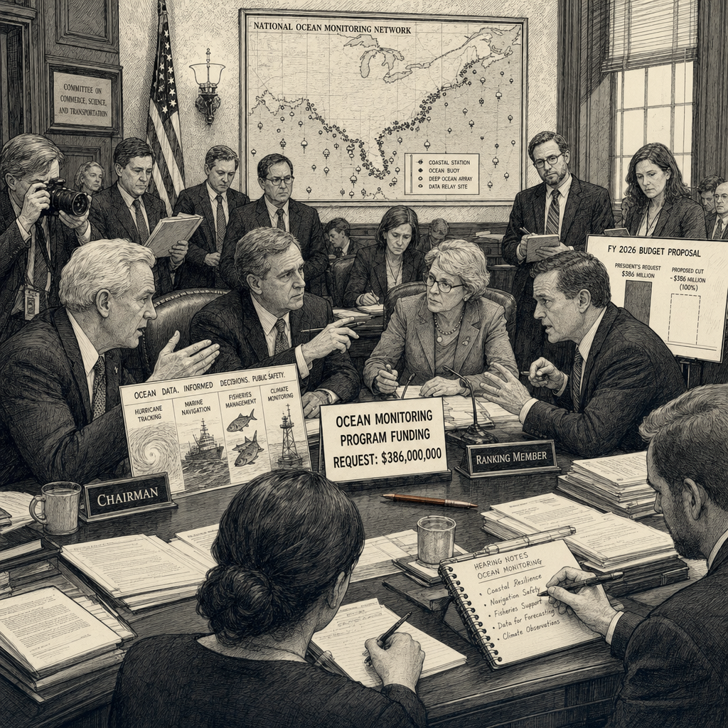 Illustration accompanying article: Lawmakers fight Trump administration cuts to $386m ocean monitoring program