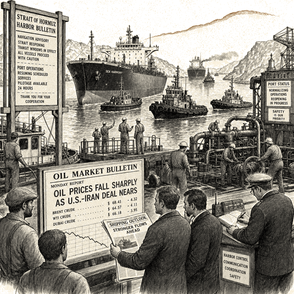 Illustration accompanying article: Oil Falls, Strait of Hormuz Reopening Eyed as U.S.-Iran Deal Nears