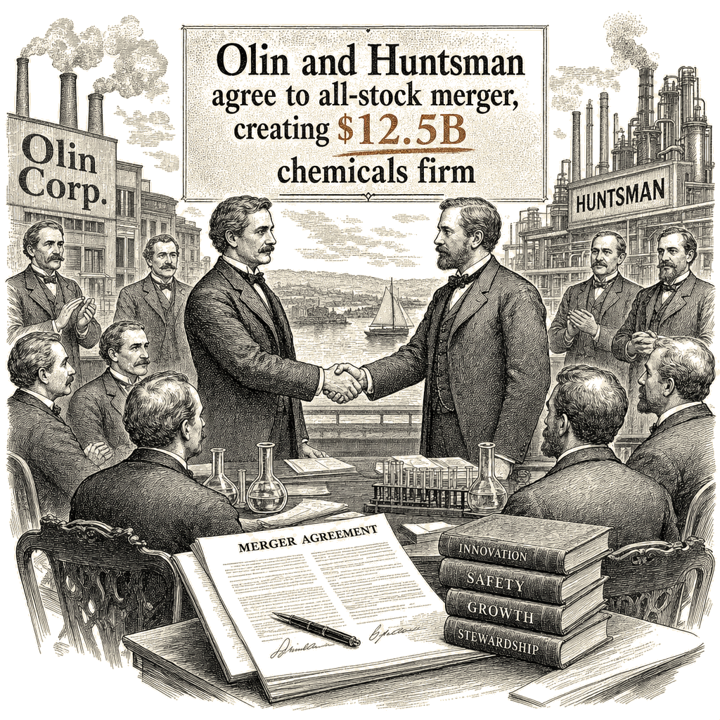 Illustration accompanying article: Olin and Huntsman agree to all-stock merger, creating $12.5B chemicals firm