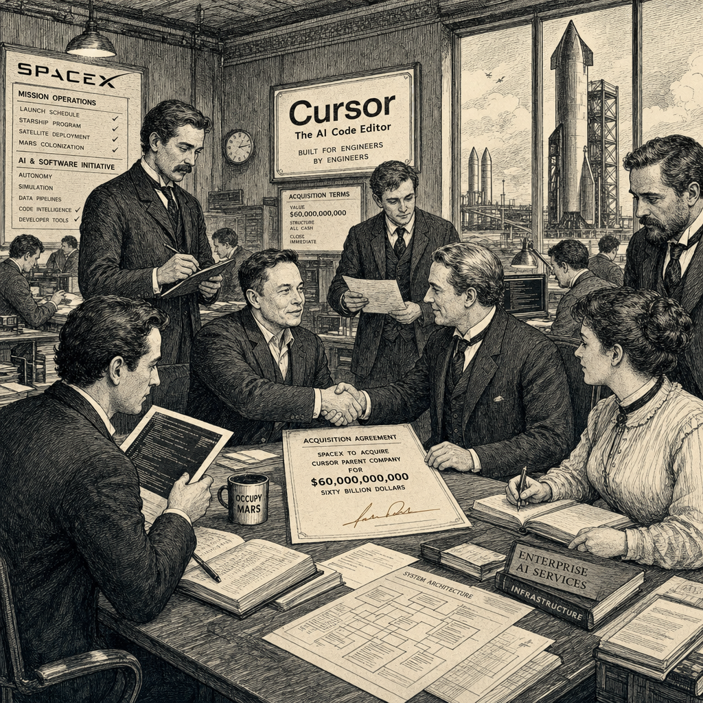 Illustration accompanying article: SpaceX Agrees to $60 Billion Deal for AI Coding Firm Cursor