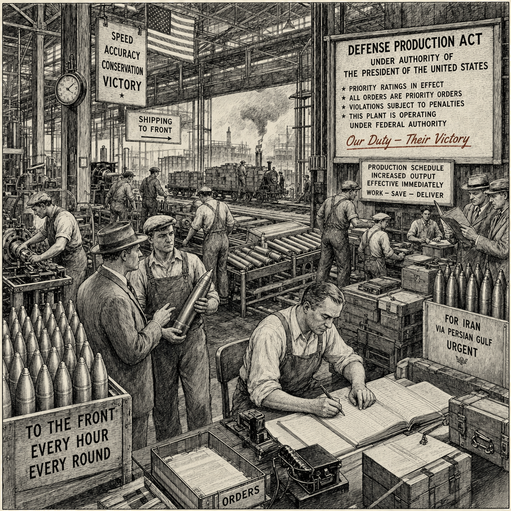 Illustration accompanying article: Trump Invokes Cold War-Era Law to Boost Munitions Production Amid Iran War Depletion