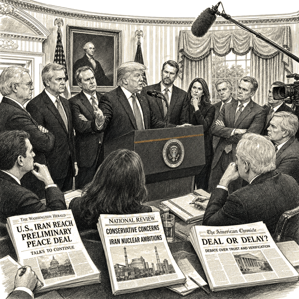 Illustration accompanying article: Trump Loses Hawkish Conservative Support Over Iran Peace Deal