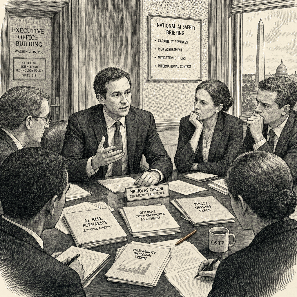Illustration accompanying article: Anthropic researcher who warned of AI risks now working to ease government fears