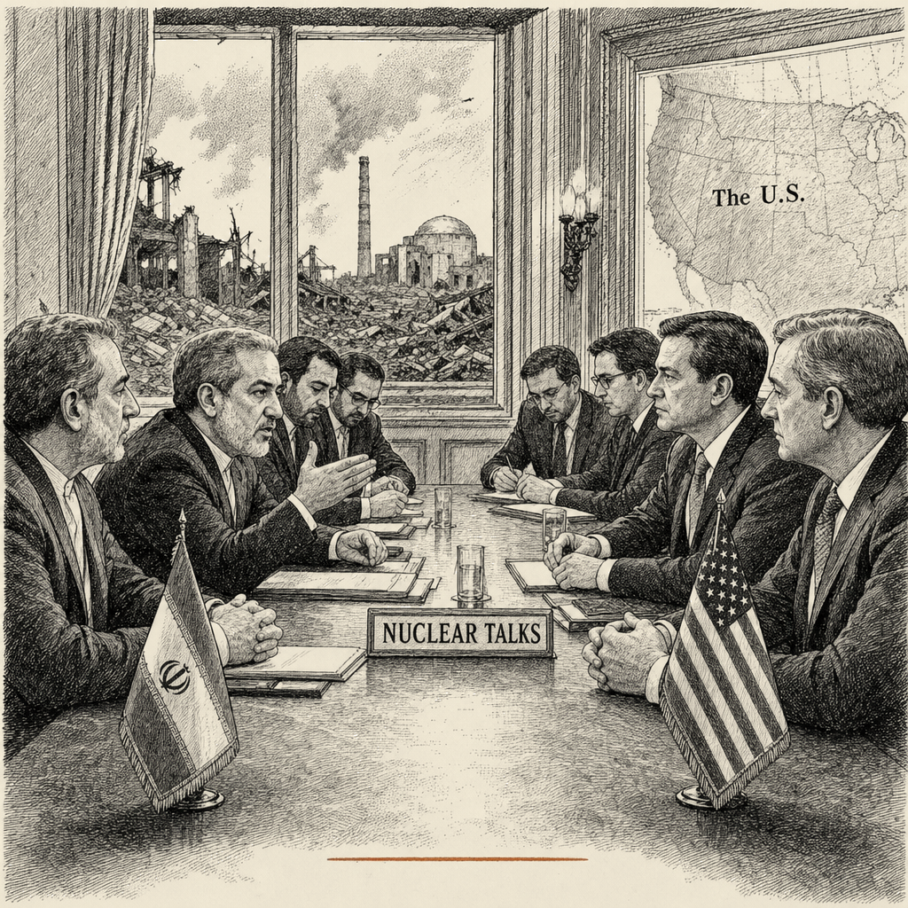 Illustration accompanying article: Emboldened Iran returns to nuclear talks after failed US bombing campaign