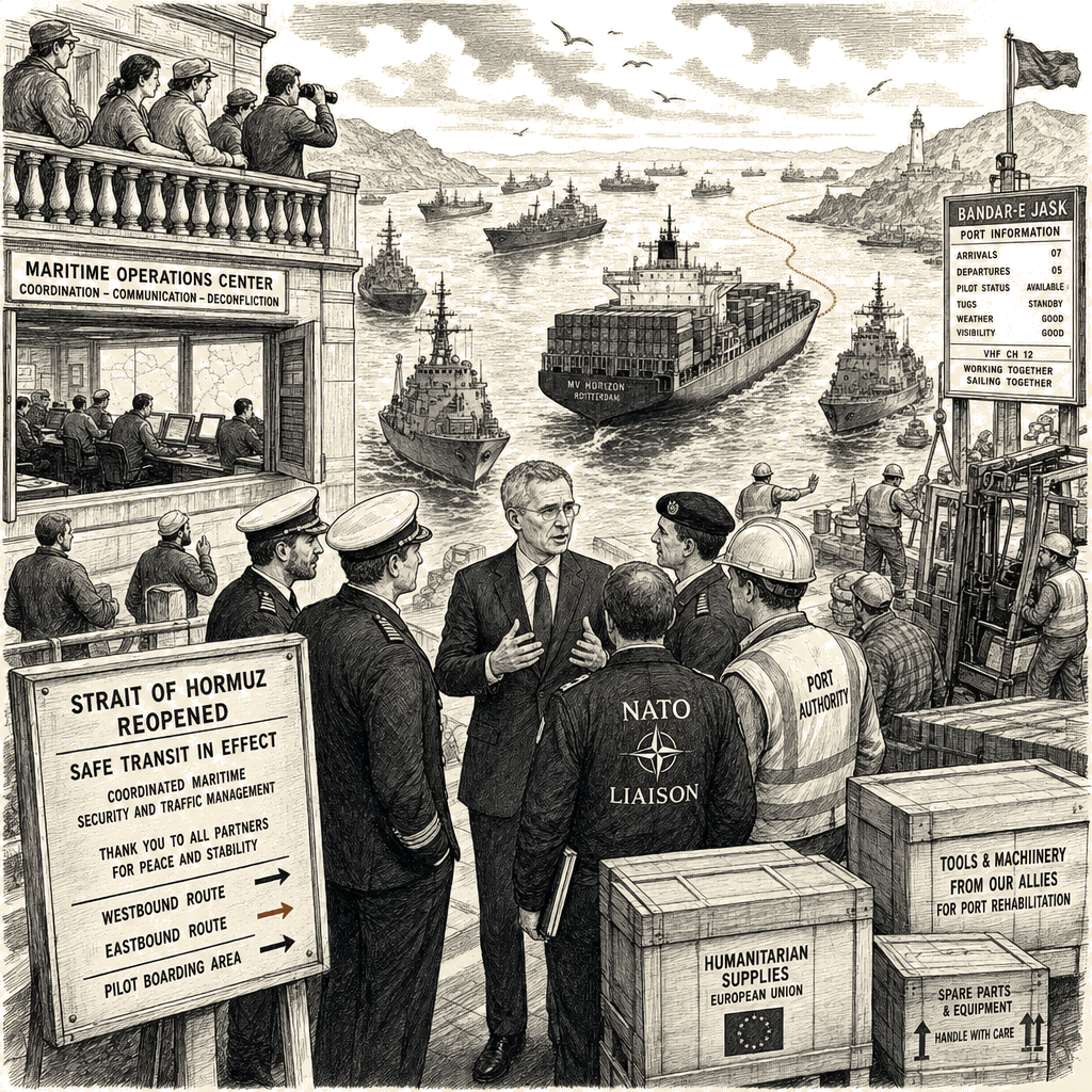 Illustration accompanying article: NATO chief says European allies ready to restore Gulf shipping