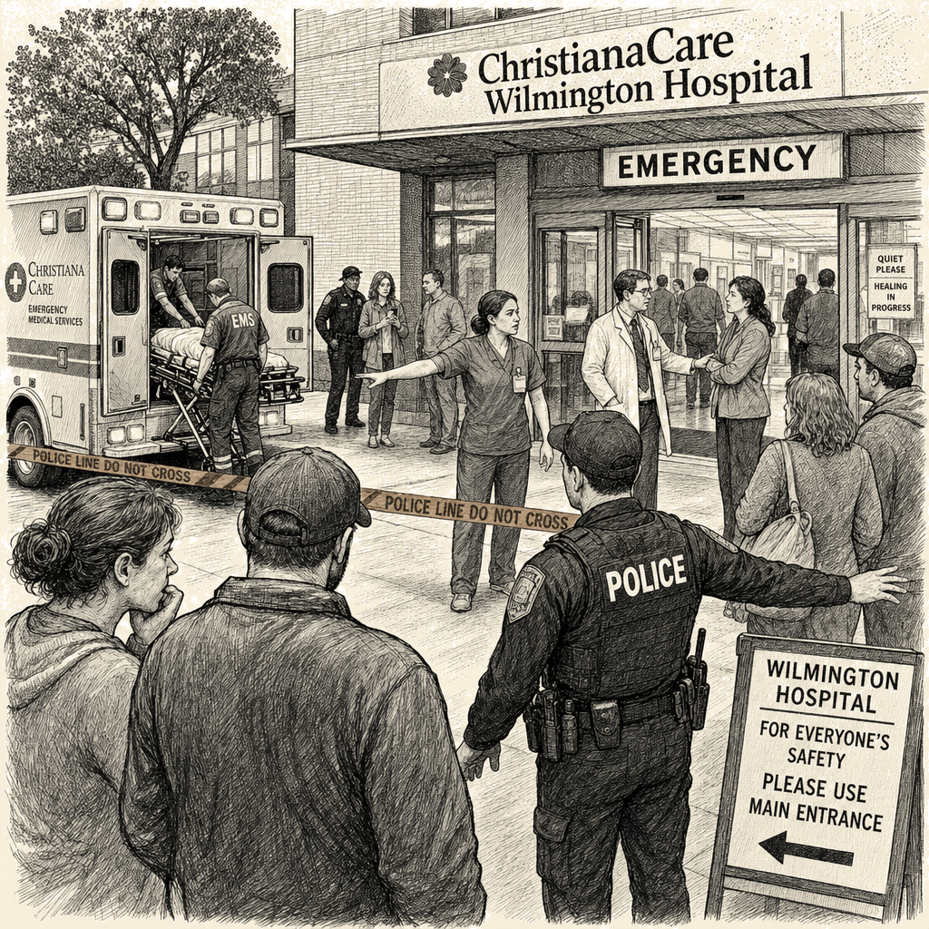 Illustration accompanying article: Suspect at large after Delaware hospital shooting kills one