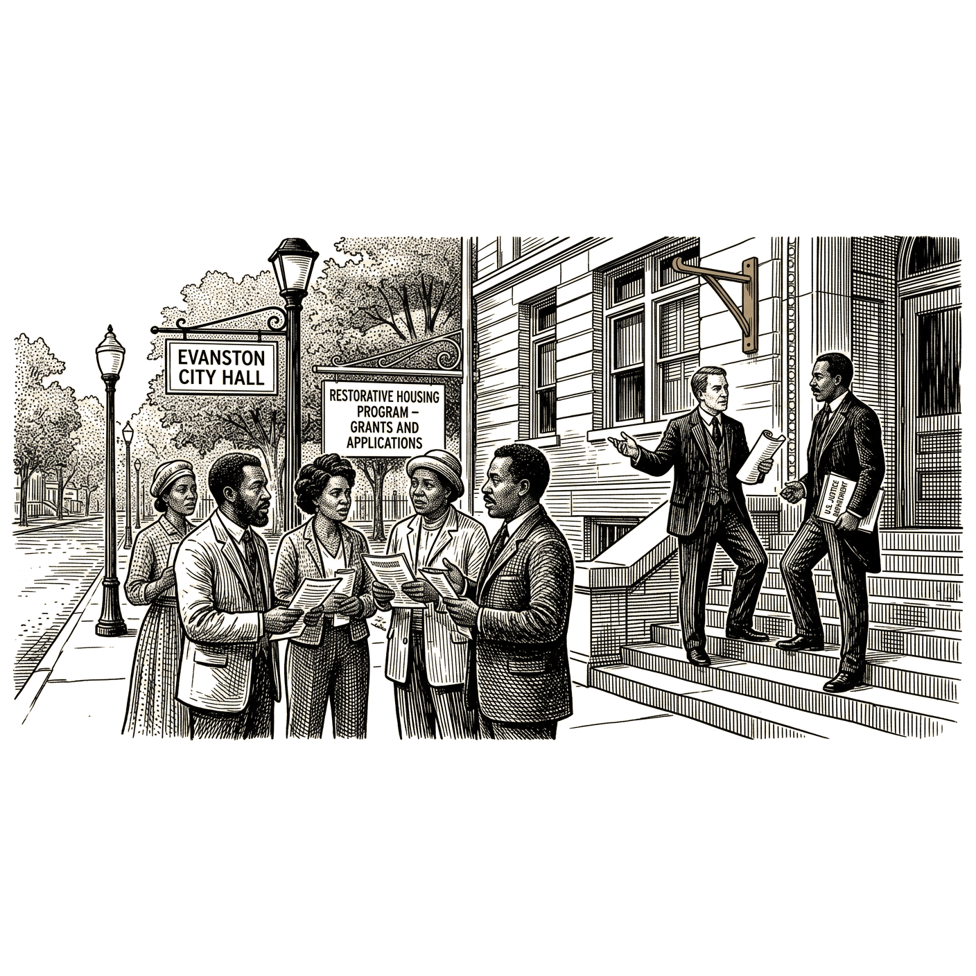 Illustration accompanying article: Trump administration sues Evanston over housing reparations program