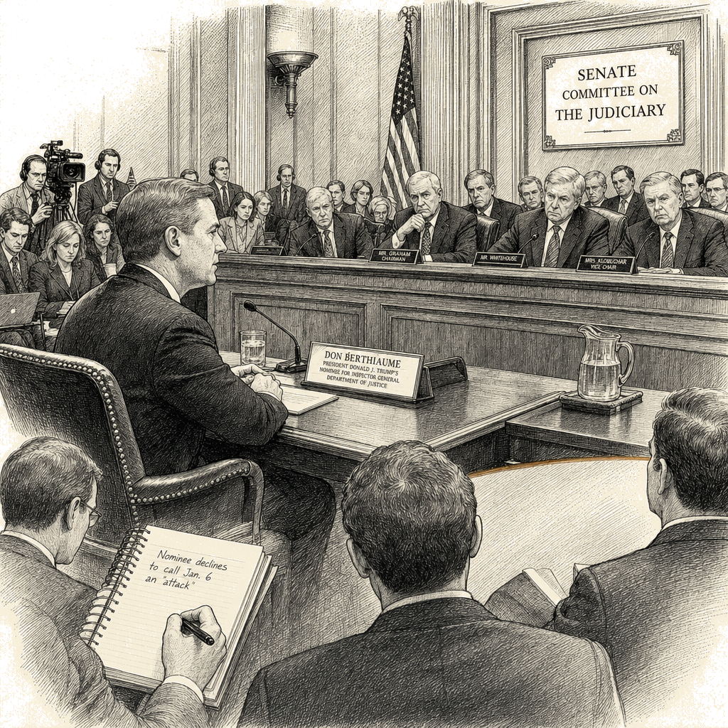 Illustration accompanying article: Trump DOJ nominee declines to call Jan. 6 an 'attack' during confirmation