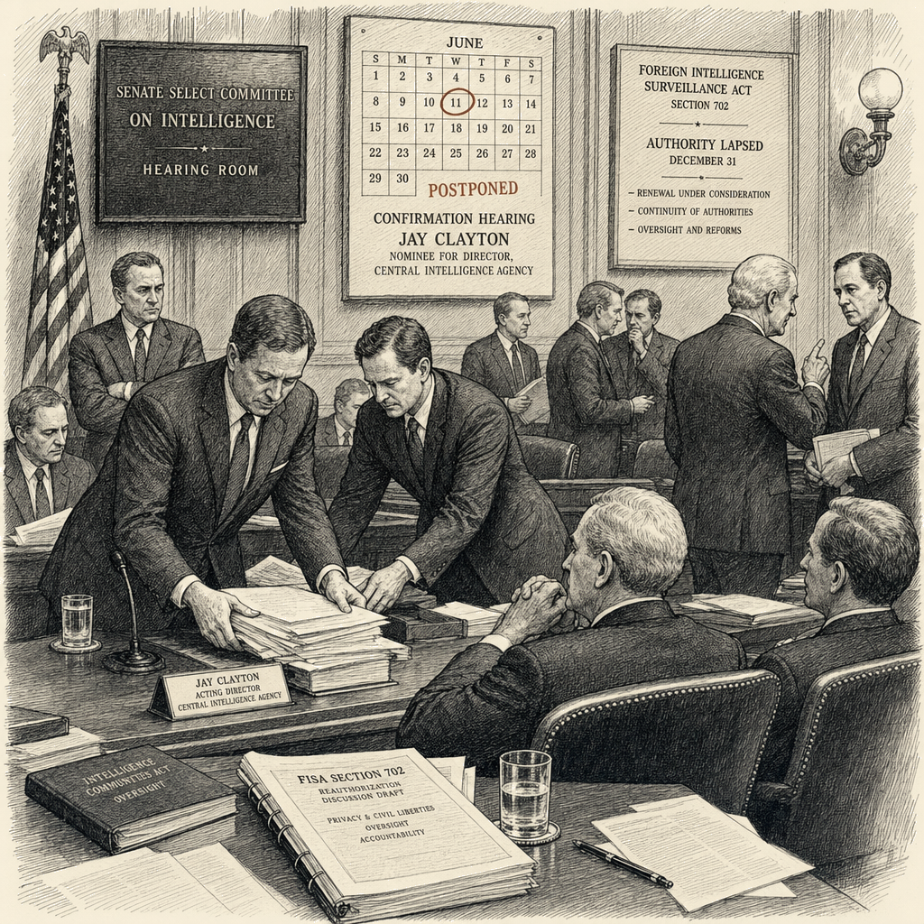 Illustration accompanying article: Trump halts confirmation hearing for intel pick Jay Clayton