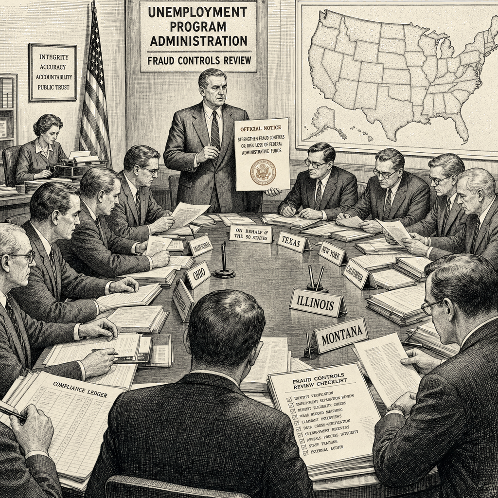 Illustration accompanying article: Trump warns states to tighten unemployment fraud controls or lose funds