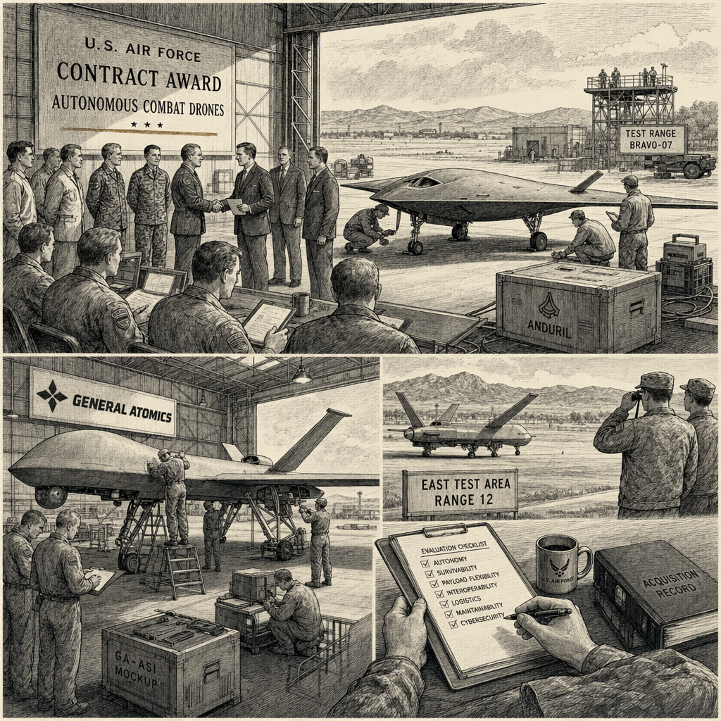 Illustration accompanying article: Air Force awards contracts for new autonomous combat drones to Anduril and General Atomics