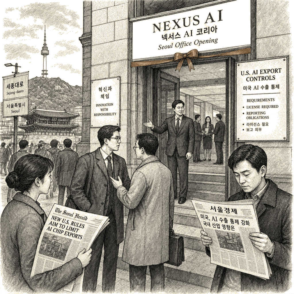 Illustration accompanying article: Anthropic opens Seoul office amid new U.S. AI export controls
