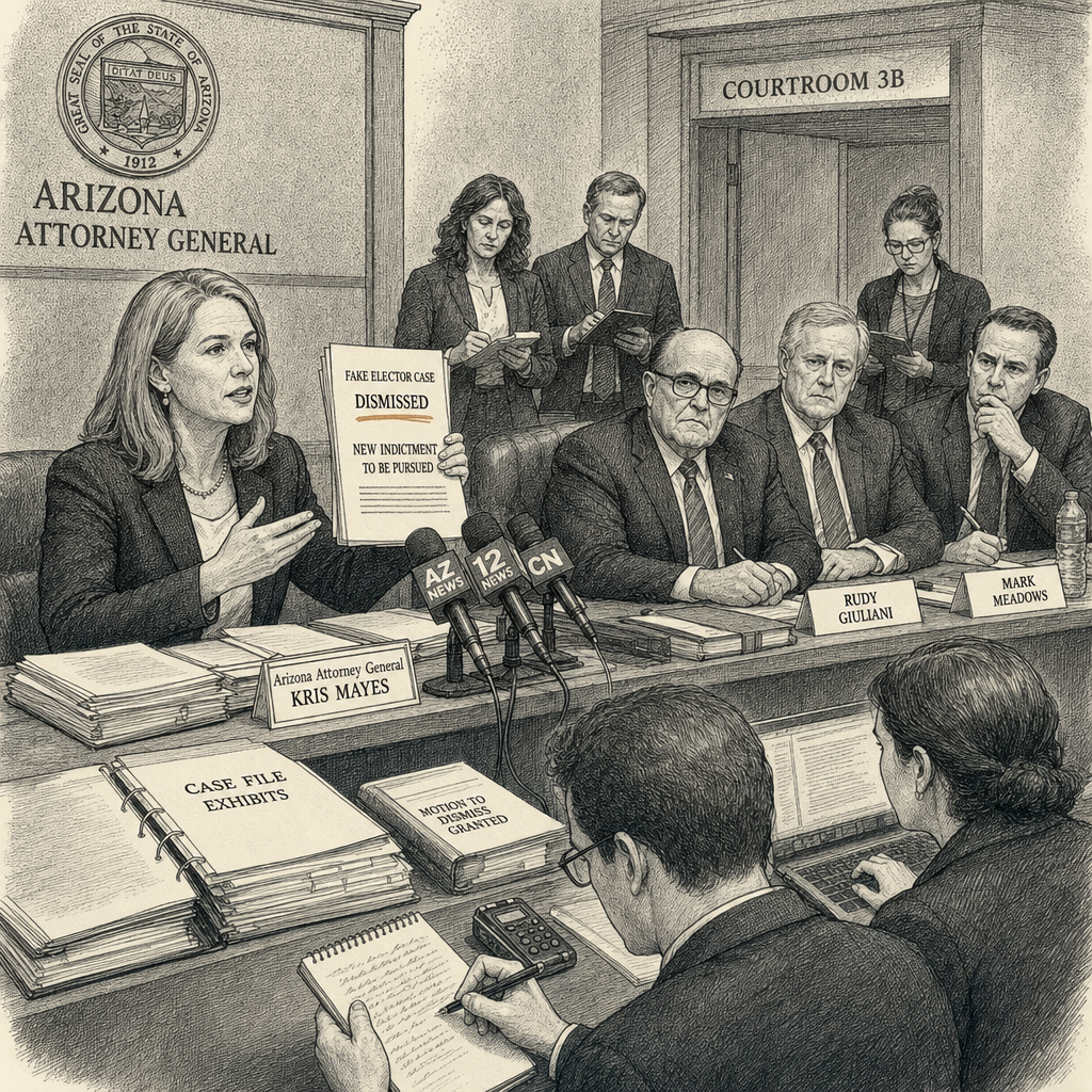 Illustration accompanying article: Arizona prosecutor dismisses fake elector case against Giuliani, Meadows — vows new…