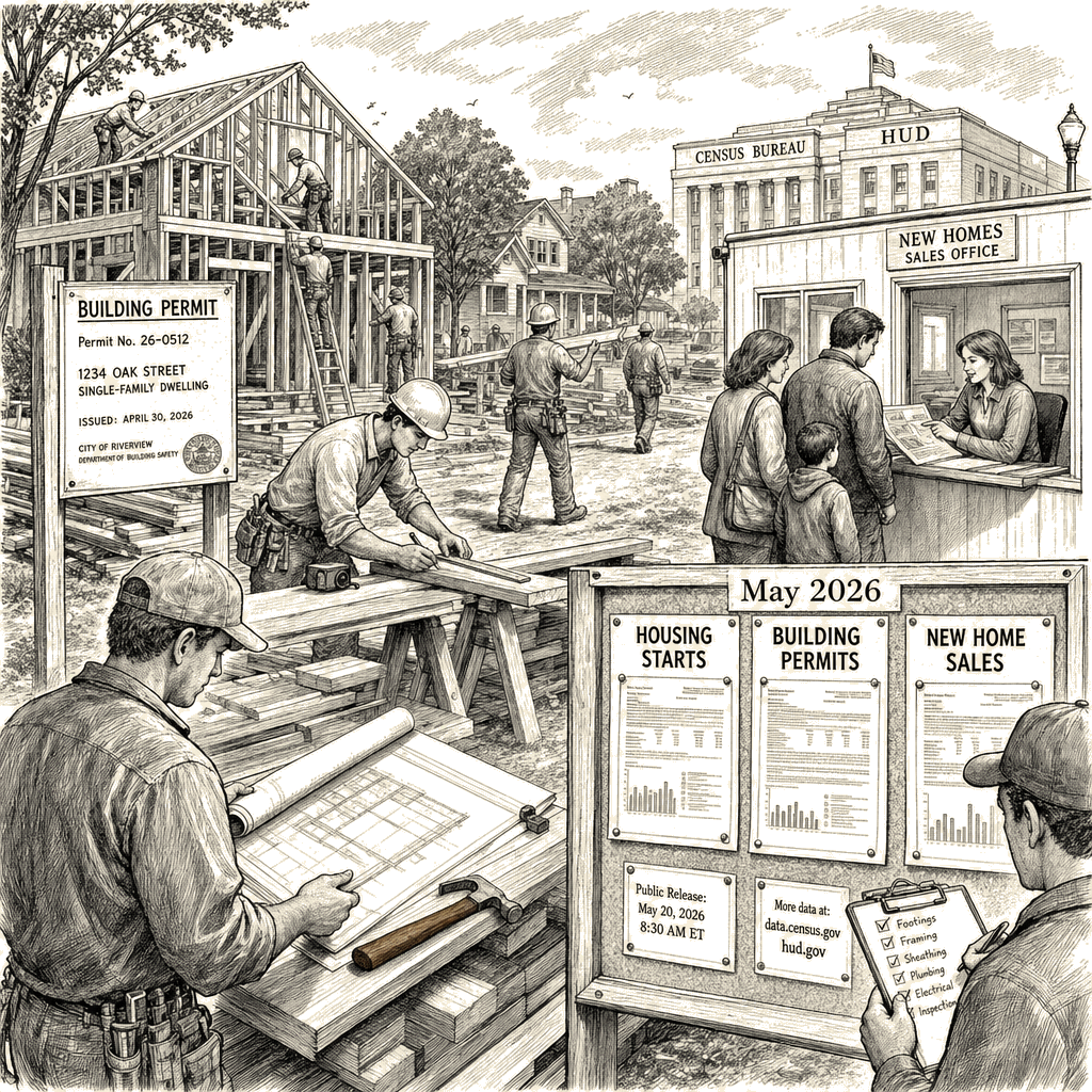 Illustration accompanying article: Census Bureau releases May housing starts, building permits, new home sales data