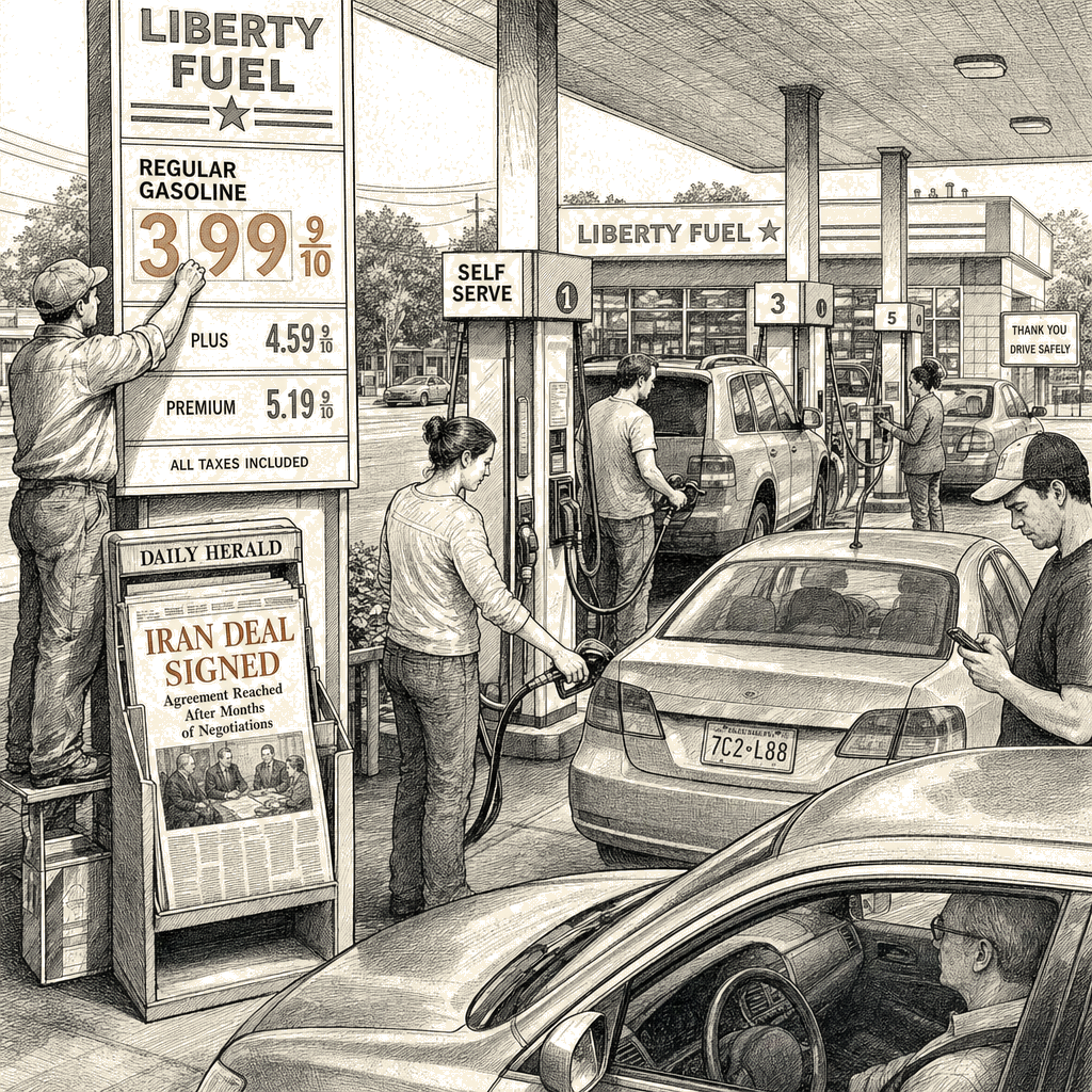 Illustration accompanying article: Gas prices fall below $4 on average after Trump signs Iran deal
