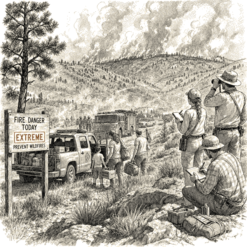 Illustration accompanying article: Heat waves drive 42% of Western US wildfire burn area, study finds