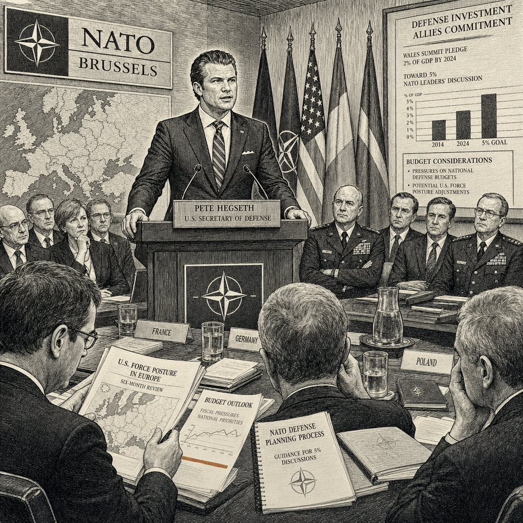 Illustration accompanying article: Hegseth announces review of U.S. forces in Europe, threatens NATO cuts