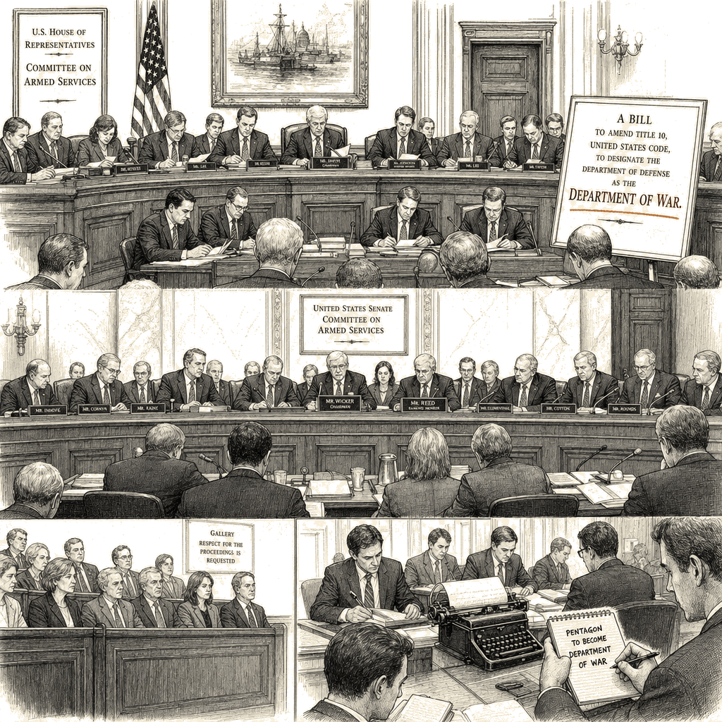 Illustration accompanying article: House and Senate panels approve renaming Pentagon the 'Department of War'