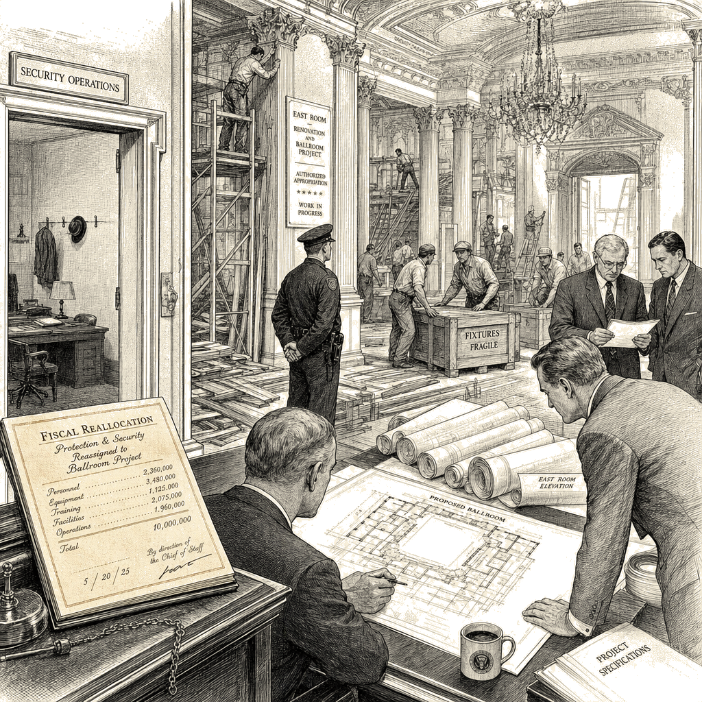 Illustration accompanying article: Secret Service funds redirected to White House ballroom in $352M transfer