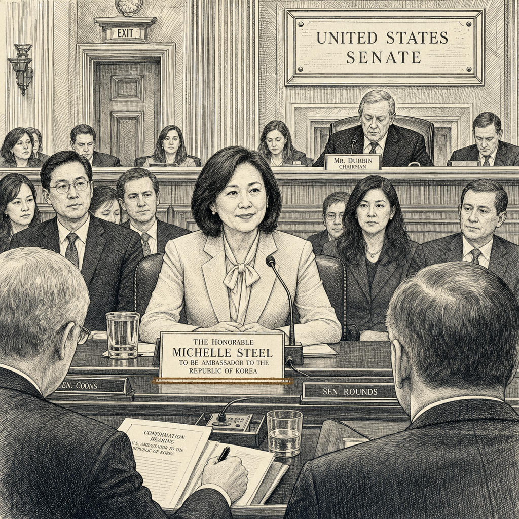 Illustration accompanying article: Senate confirms Michelle Steel as US ambassador to South Korea
