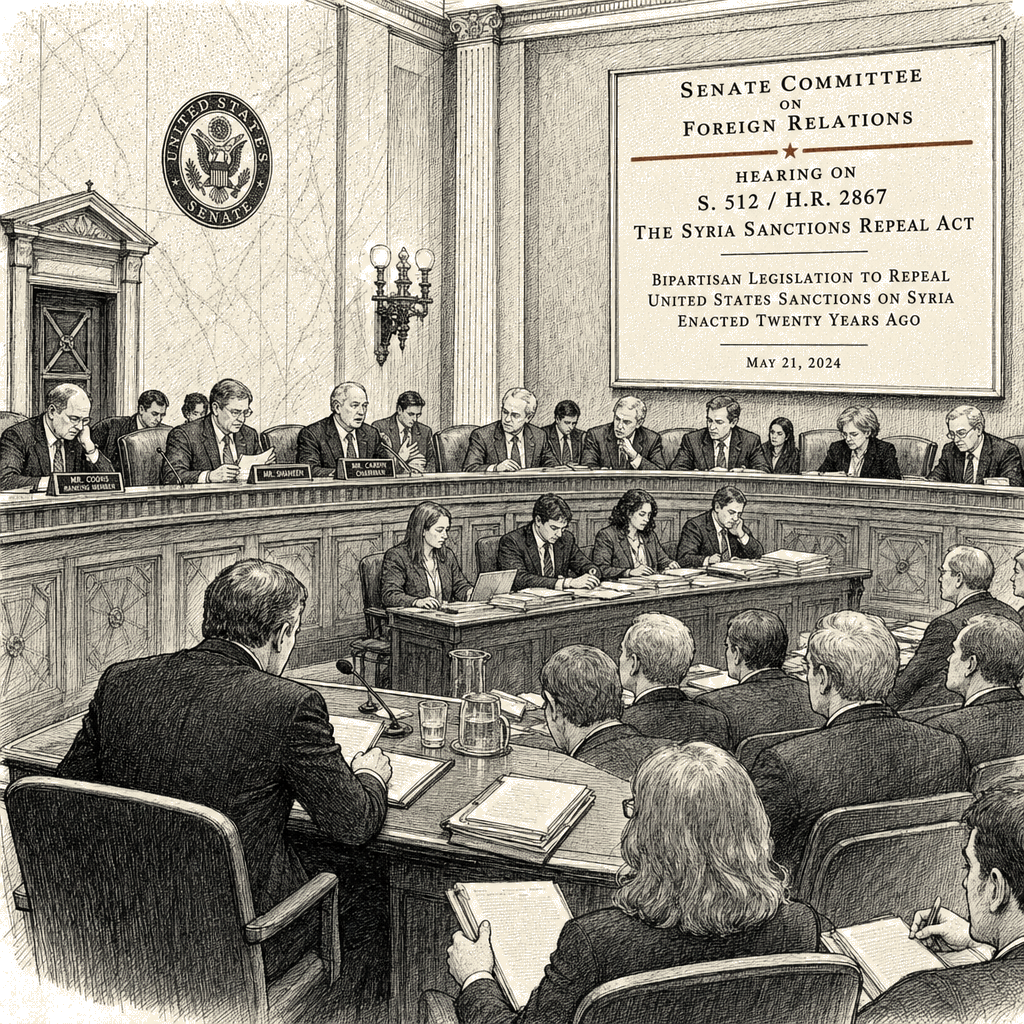 Illustration accompanying article: Senate panel advances bill to repeal Syria sanctions