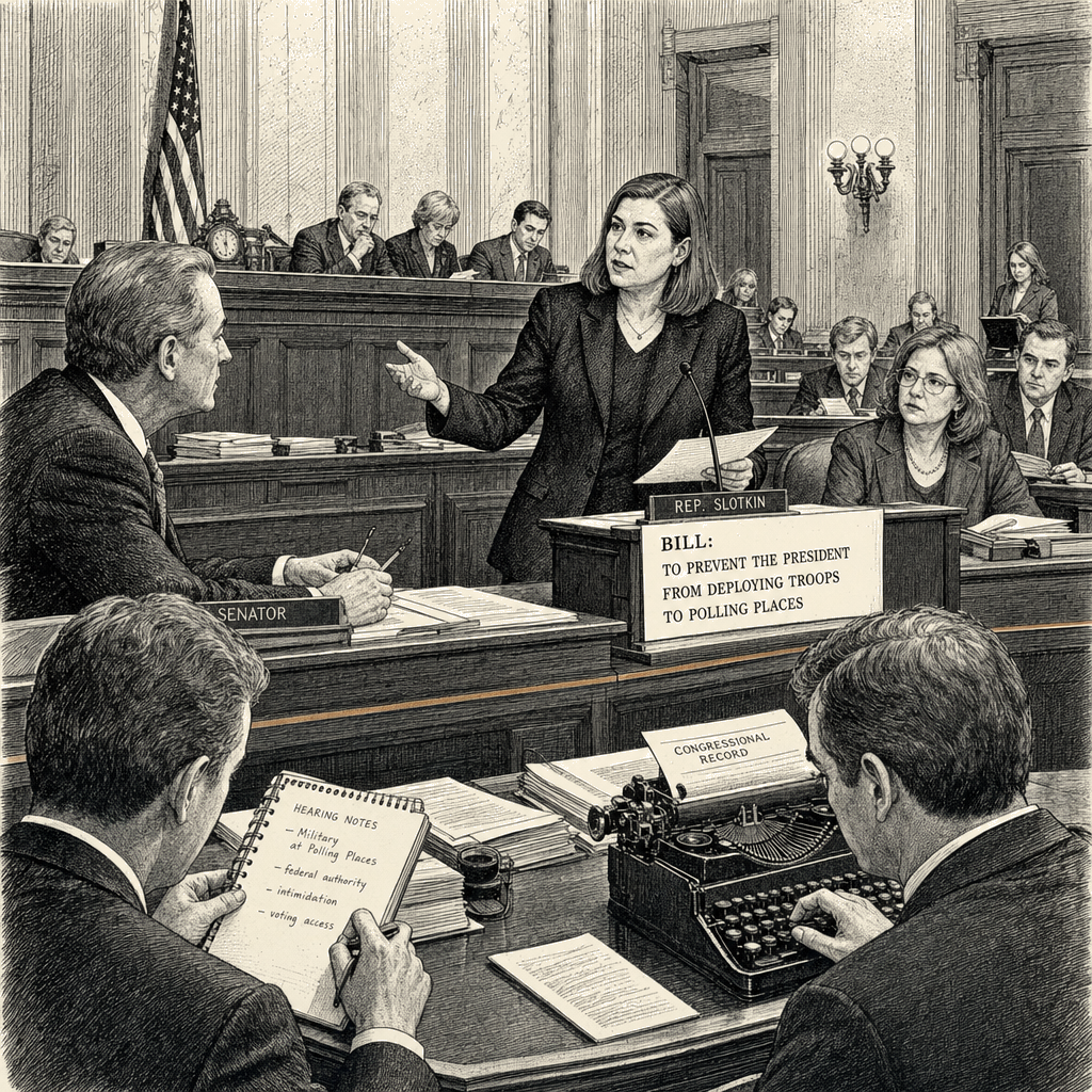 Illustration accompanying article: Slotkin introduces bill to block president from sending troops to polling places