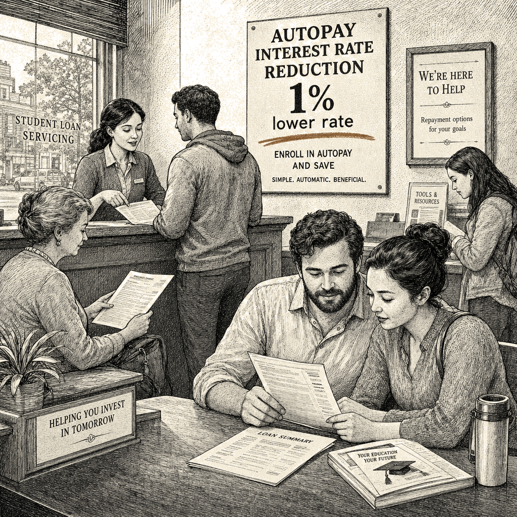 Illustration accompanying article: Student loan borrowers get 1 percentage point interest rate cut with auto pay