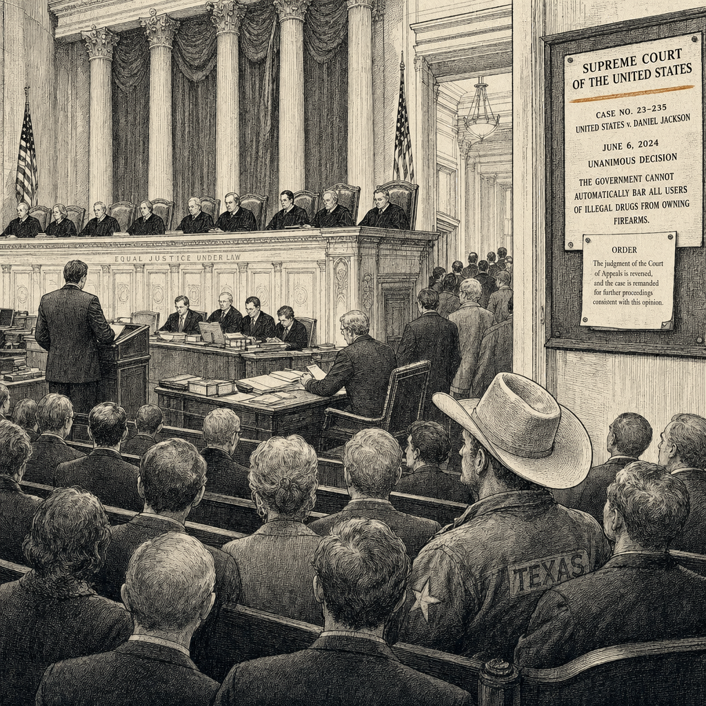 Illustration accompanying article: Supreme Court rules government cannot automatically bar all drug users from owning guns