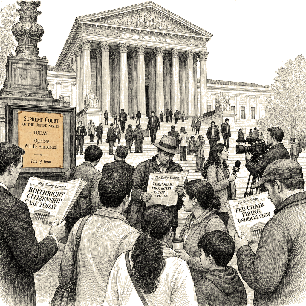 Illustration accompanying article: Supreme Court to rule on birthright citizenship, TPS, Fed firing this week