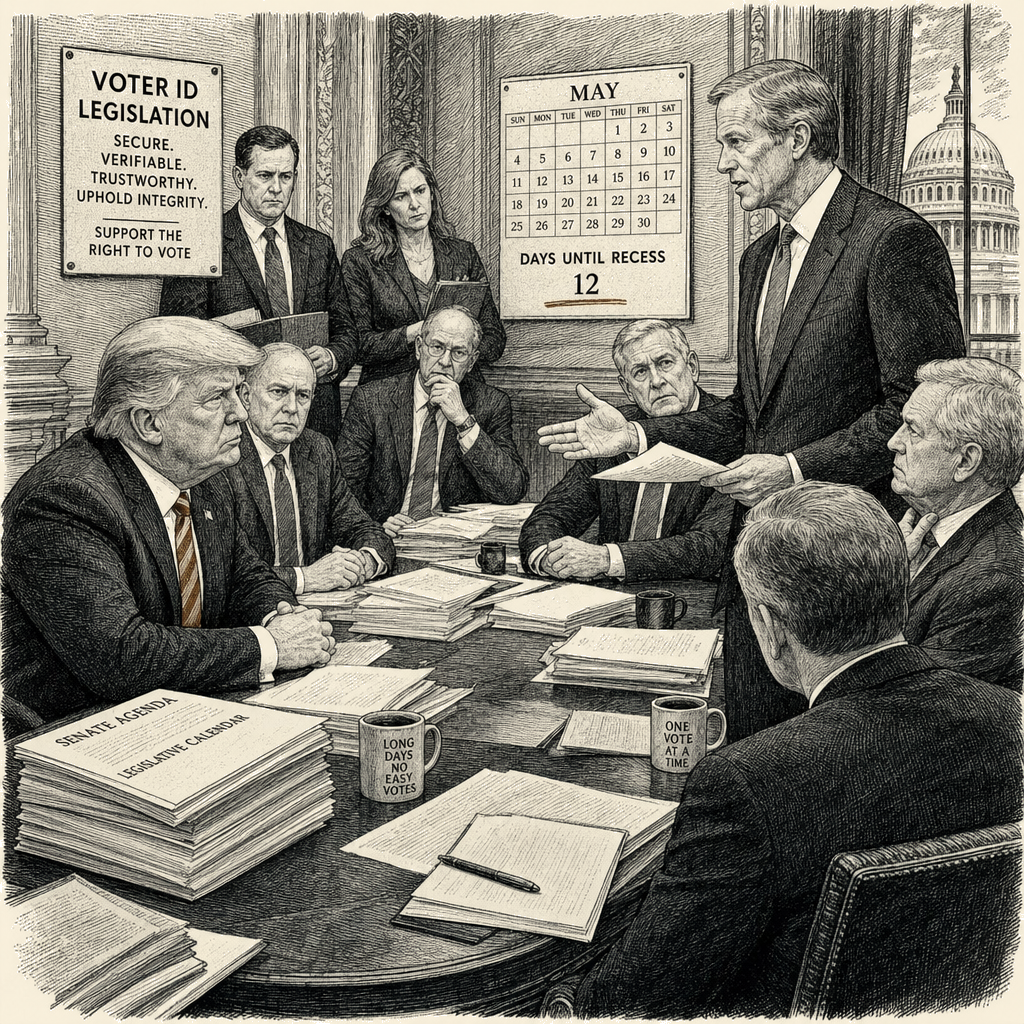 Illustration accompanying article: Trump frustration grows as Senate GOP leader Thune keeps saying no