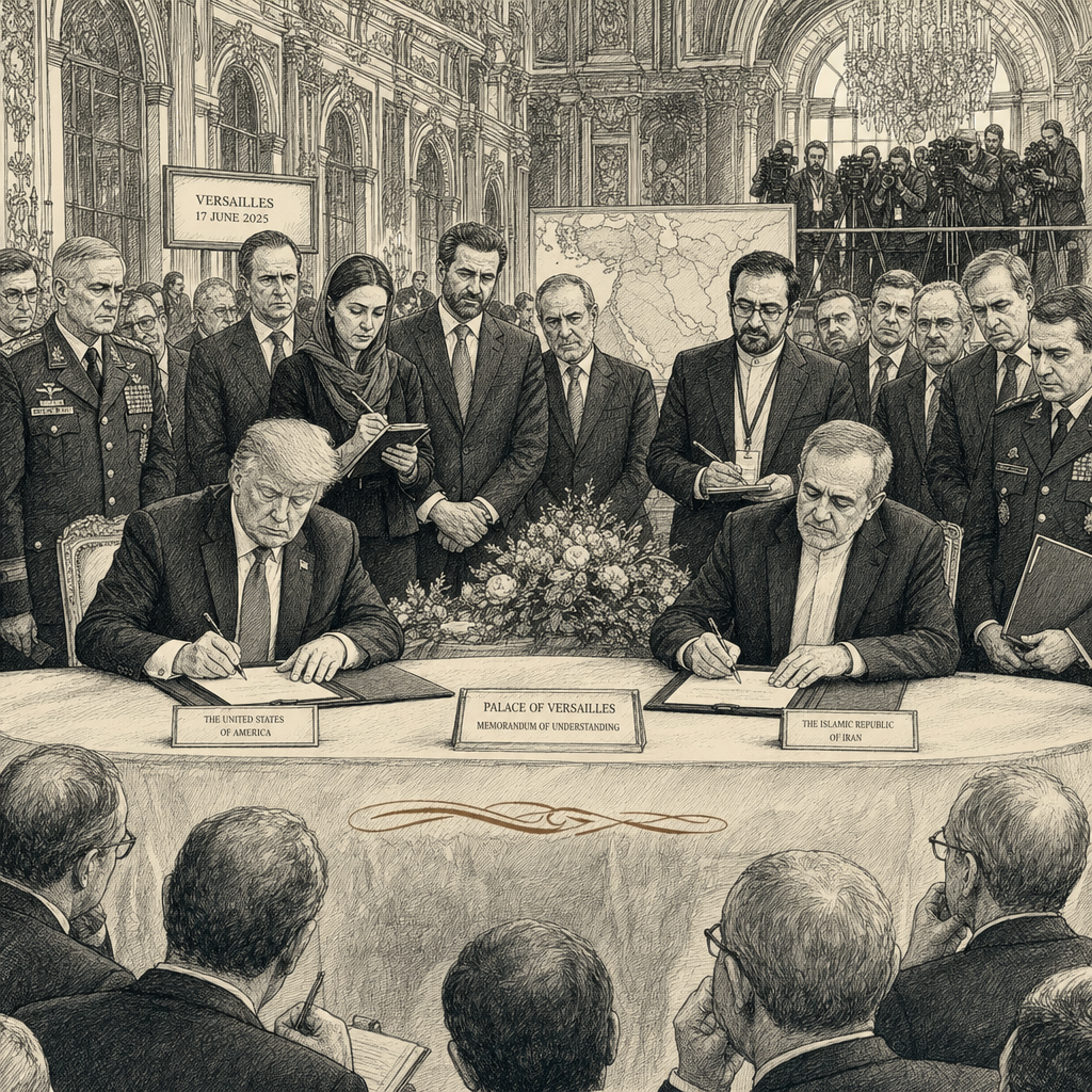 Illustration accompanying article: US-Iran MOU signed at Versailles; analysts question what war achieved