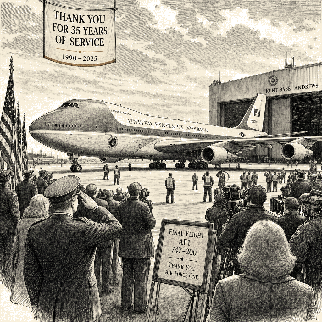 Illustration accompanying article: Air Force One 747-200 retires as Qatari-donated replacement nears service