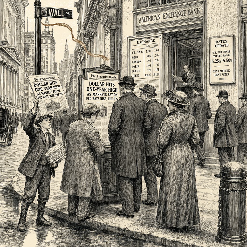 Illustration accompanying article: Dollar Hits One-Year High as Markets Bet on Fed Rate Rise