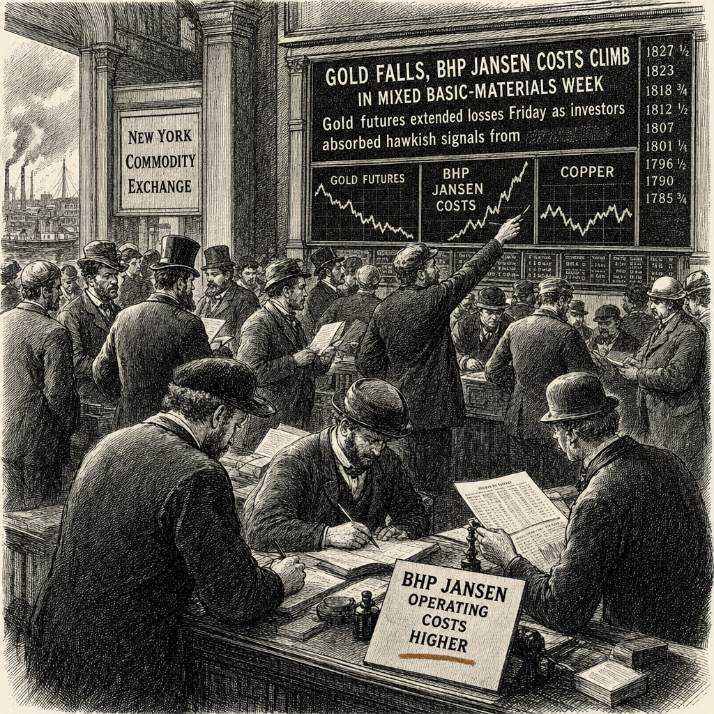 Illustration accompanying article: Gold falls, BHP Jansen costs climb in mixed basic-materials week
