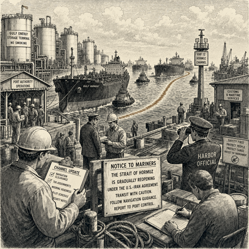 Illustration accompanying article: Hormuz Reopening Shifts Focus to Gulf Oil Storage and Shipping