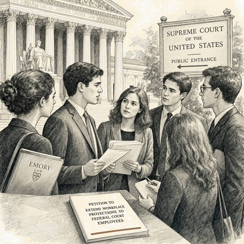 Illustration accompanying article: Law students petition Supreme Court to extend workplace protections to federal court…